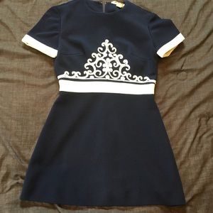 Leslie Fay Navy & Cream Vintage Arabesque Filigree Mini Dress Short Sleeve